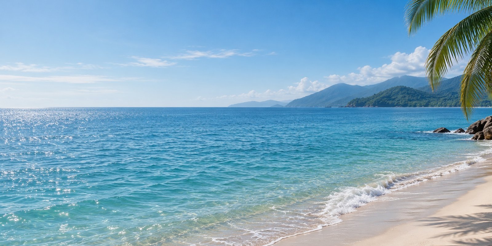 Conceptual tropical coastline with calm blue water and a distant green horizon